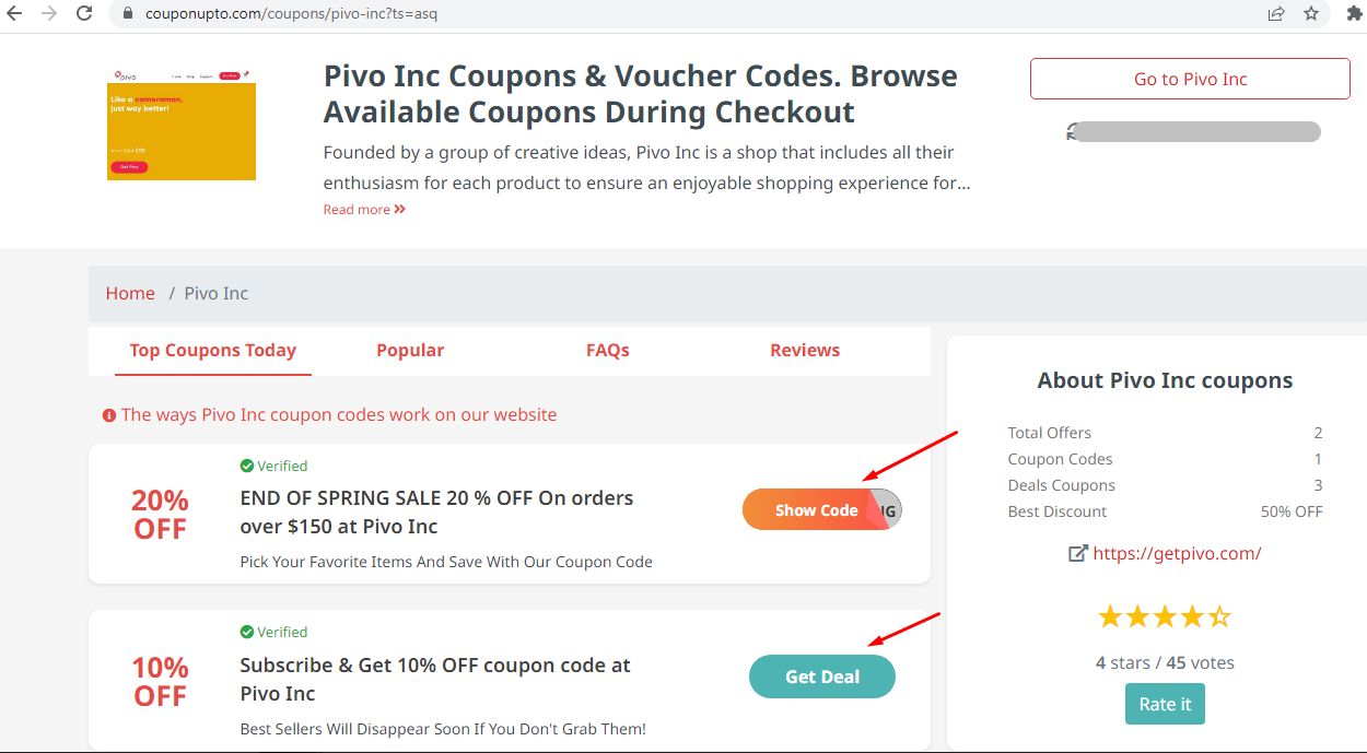 Click show code to see Pivo Inc discount codes and deals