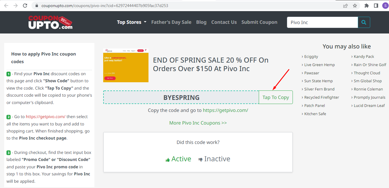 Click Tap To Copy to get Pivo Inc coupons 