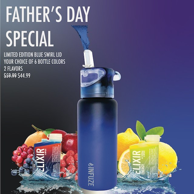 One-of-a-kind blue clear swirl Infuzion lid  Stainless steel vacuum-insulated bottle  Two Elixir flavors infuzehydration