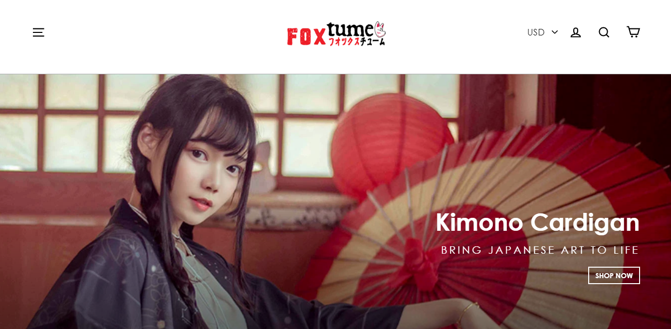 Foxtume website A girl in kimono cardigan with a red lantern, and a red umbrella