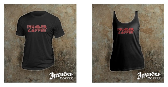 An Invader Coffee black T-Shirt and an Invader Coffee black tank top