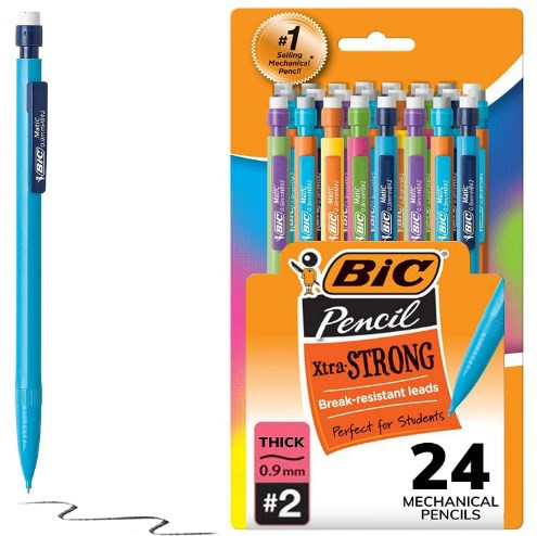 BIC Xtra-Strong Thick Lead Mechanical Pencil, With Colorful Barrel Thick Point (0.9mm), 24-Count Pack, With Erasers (MPLWP241) BIC Xtra-Strong Thick Lead Mechanical Pencil, With Colorful Barrel Thick Point (0.9mm), 24-Count Pack, With Erasers (MPLWP241)